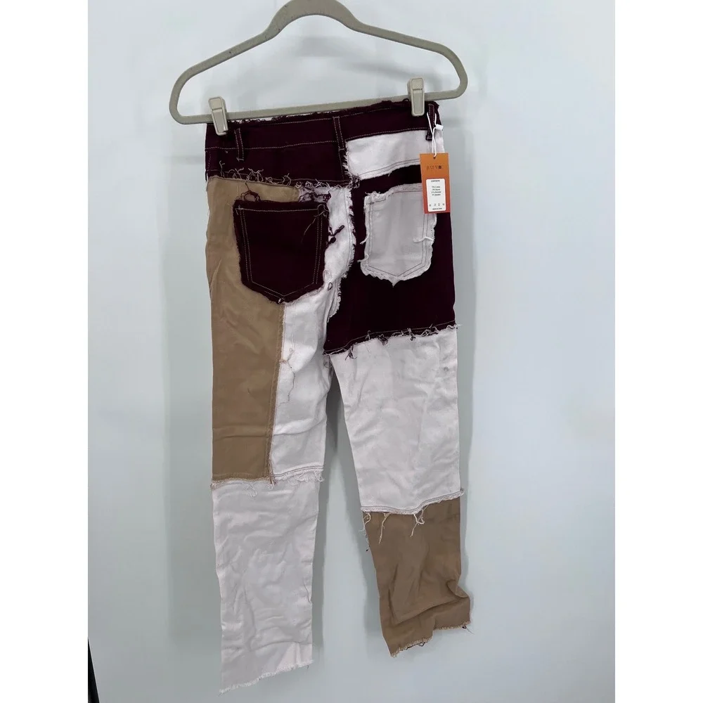 Patchwork Colorblock Jeans Burgundy Tan White Frayed Hem Size M NWT - Picture 6 of 9